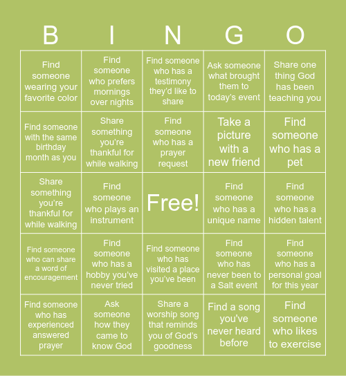 Worship and Walk Bingo Card