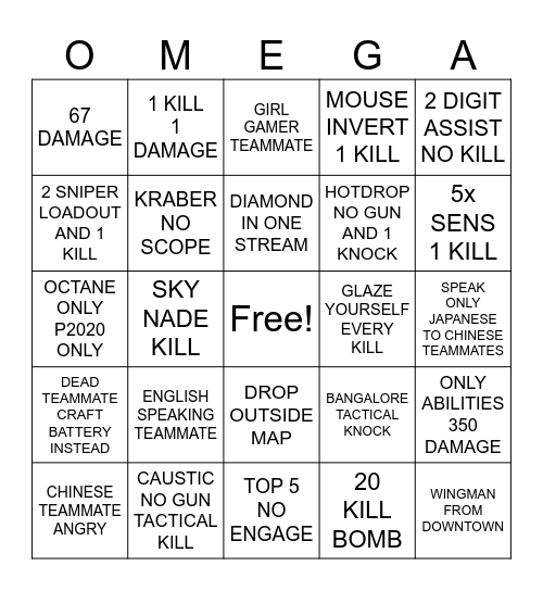 KuyaOmega Apex Legends Bingo Card