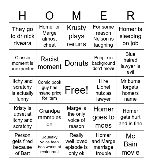Simpsons bingo tropes Bingo Card