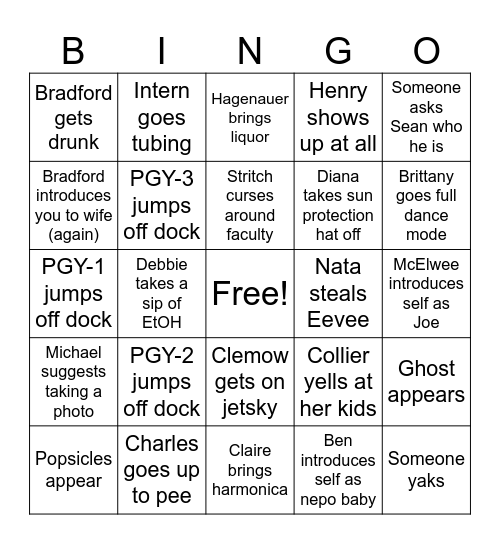 Lake Day Bingo Card