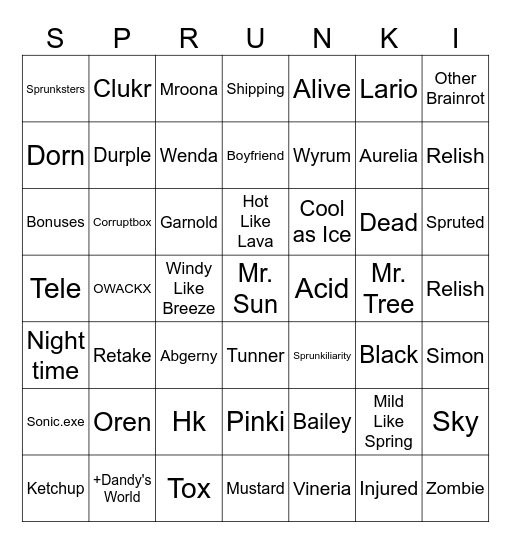 Sprunki bingo Card