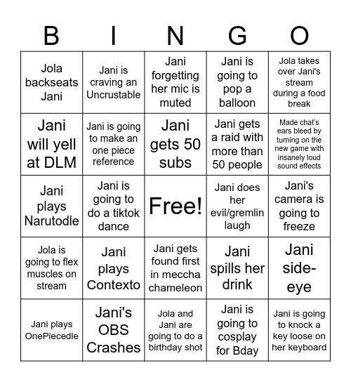Jani's Bday Bingo List Bingo Card