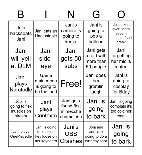 Jani D Goat's Bday~! Bingo Card