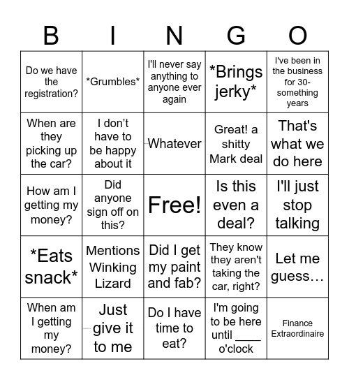 John Csizma Bingo Card