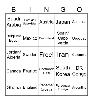 World Cup Jersey Bingo Card