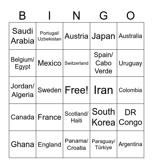 World Cup Jersey Bingo Card