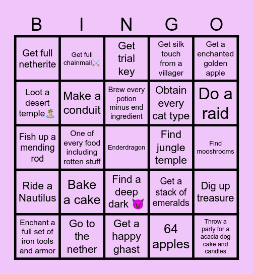 Mine and Craft Bingo Card