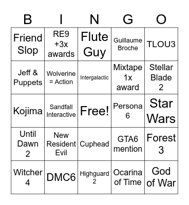 Game Awards 2026 Bingo Card