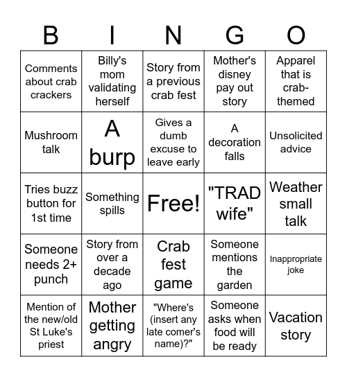 Crab Fest Card 4 Bingo Card