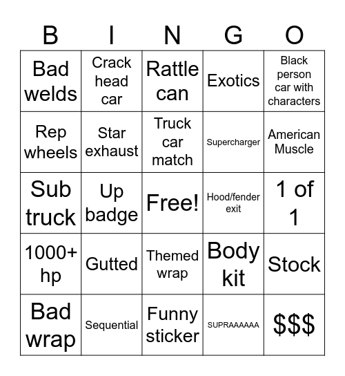 Car Meet Blackout Bingo Card