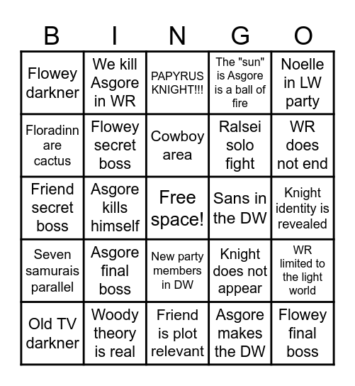 Deltarune chapter 5 Bingo Card