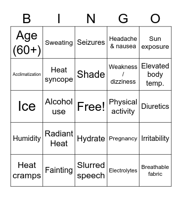 Beat the Heat Bingo Card
