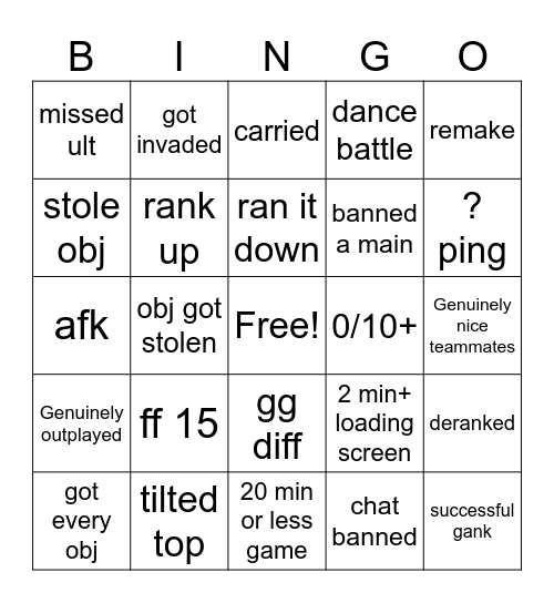 Ranked League Bingo Card