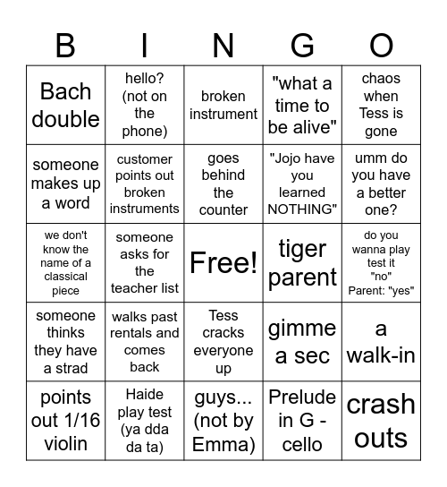 Rentals Bingo Card