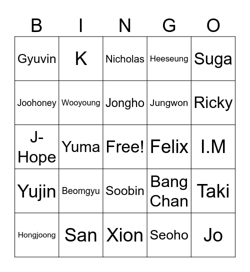 Boys Bingo Card