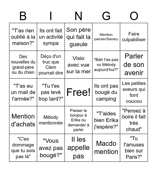 L'appel des darons à Clem Bingo Card