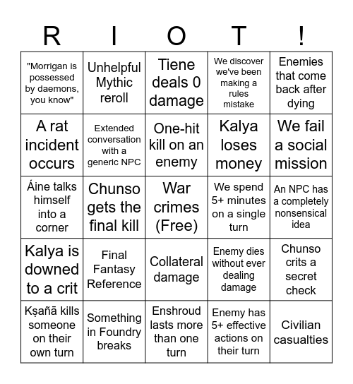 Riot Combat Bingo Card