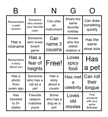 Family Reunion Bingo Card