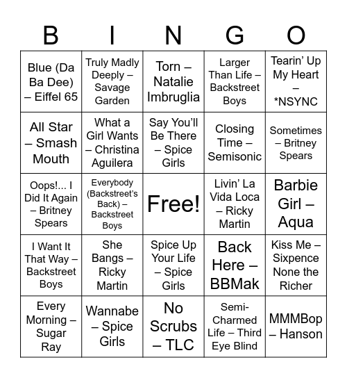 Pop Princesses, Boy Bands, and Mall Food Court Energy Bingo Card