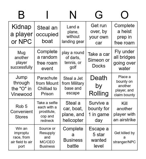 GTA Online Bingo Card