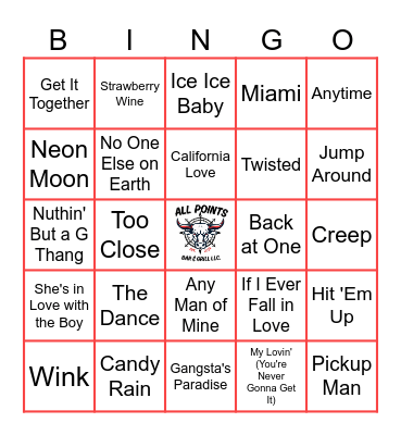 APG Music Bingo 90's Bingo Card