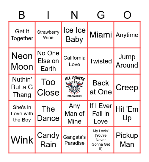 APG Music Bingo 90's Bingo Card