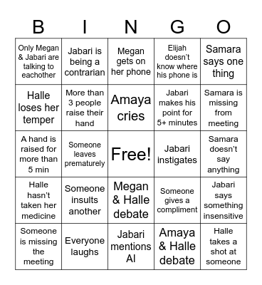 Family Meeting Bingo Card