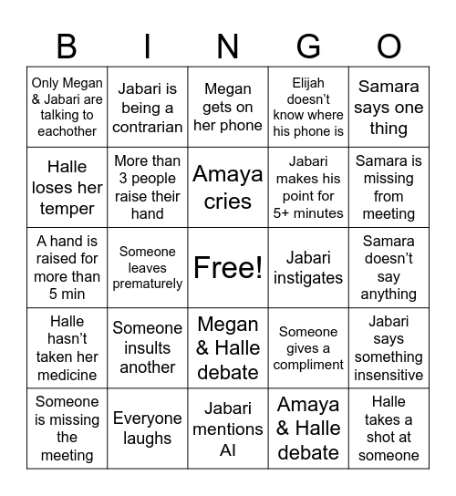Family Meeting Bingo Card