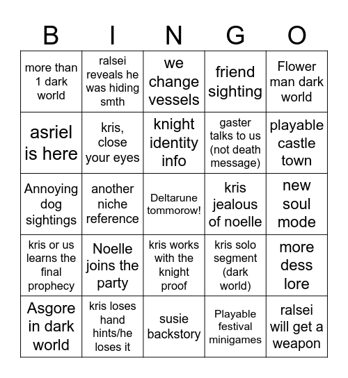 Deltarune Tommorow Bingo Card
