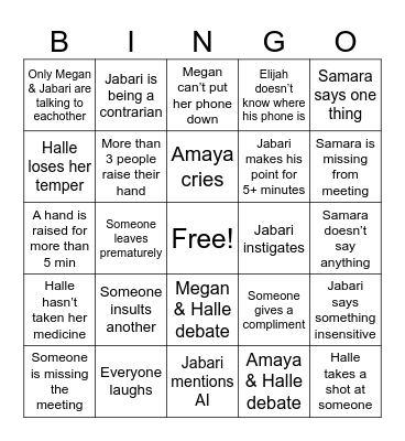 Family Meeting Bingo Card