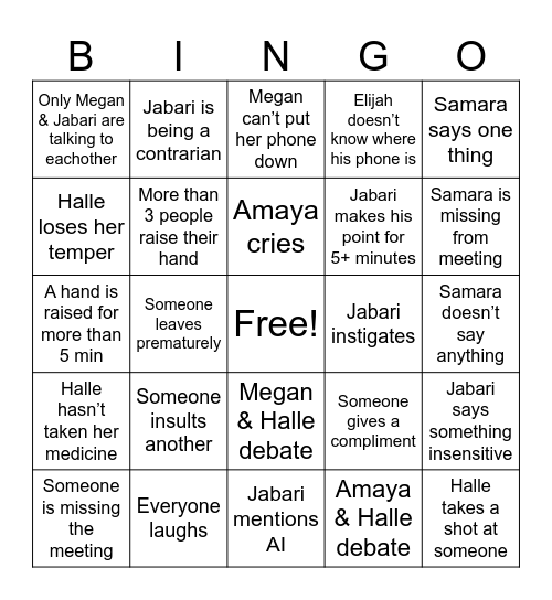 Family Meeting Bingo Card