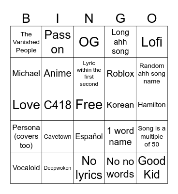 Playlist Bingo Card