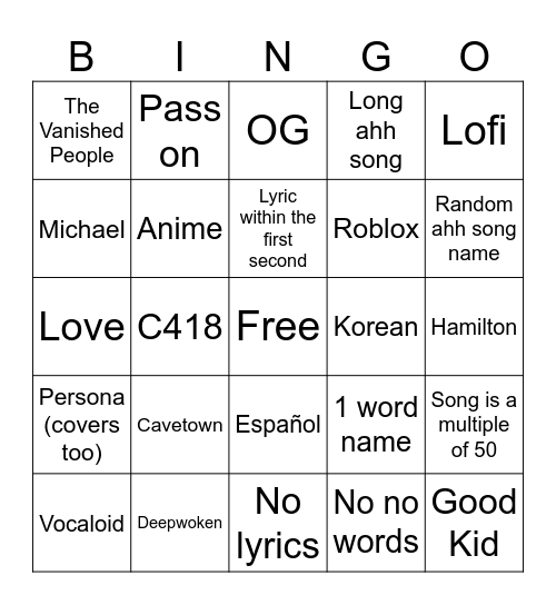 Playlist Bingo Card
