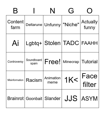Youtube Shorts Bingo Card