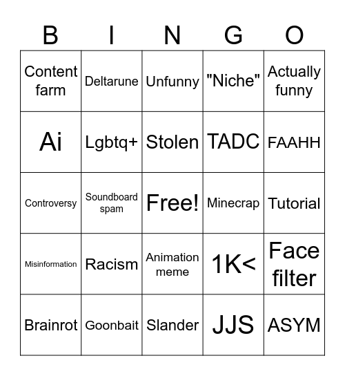 Youtube Shorts Bingo Card