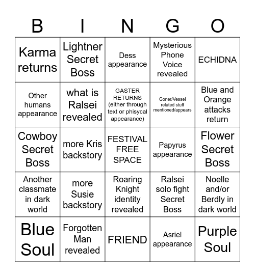 Deltarune Chapter 5 Bingo Card