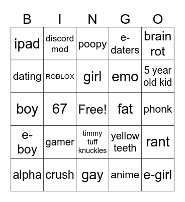 cringe bingo Card