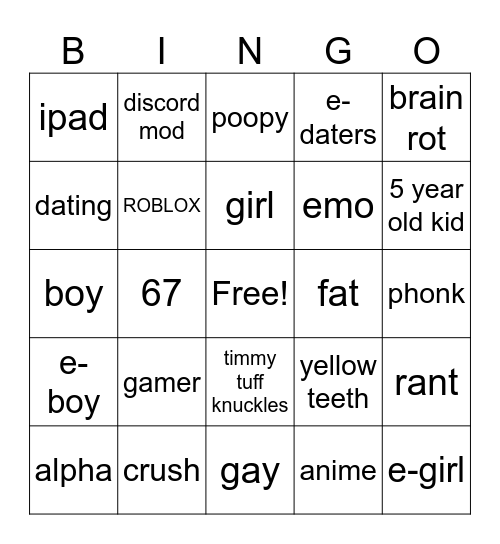 cringe bingo Card
