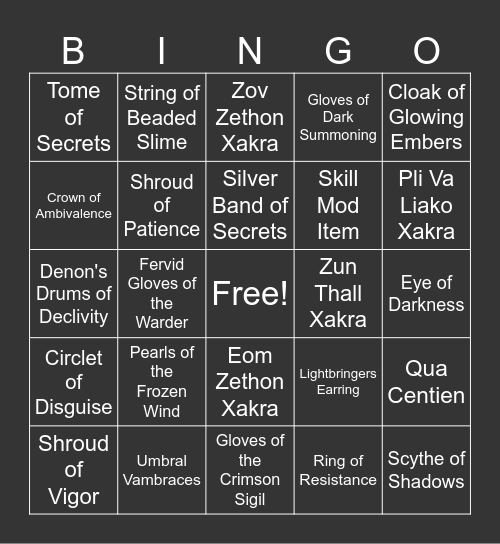 Tranq Bingo Card