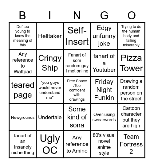 12 Year Old Sketchbook Bingo Card