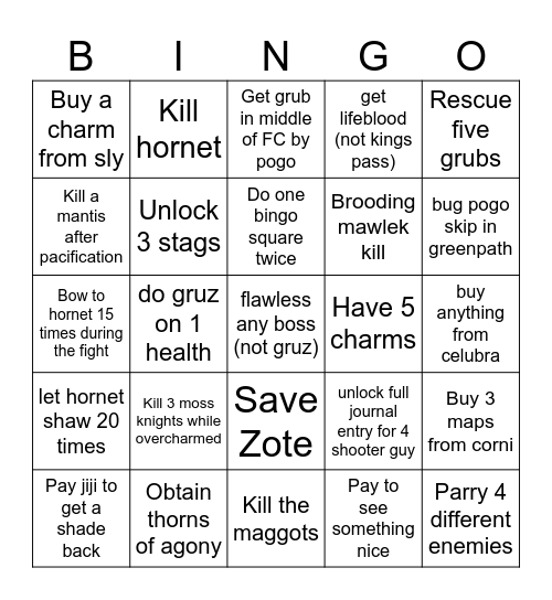 Hollow Knight Bingo Card