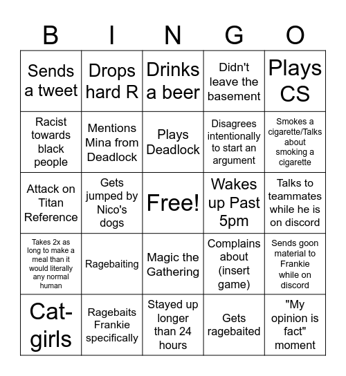 Colton Bingo Card