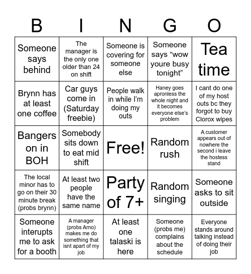 YT Weeknight Bingo Card