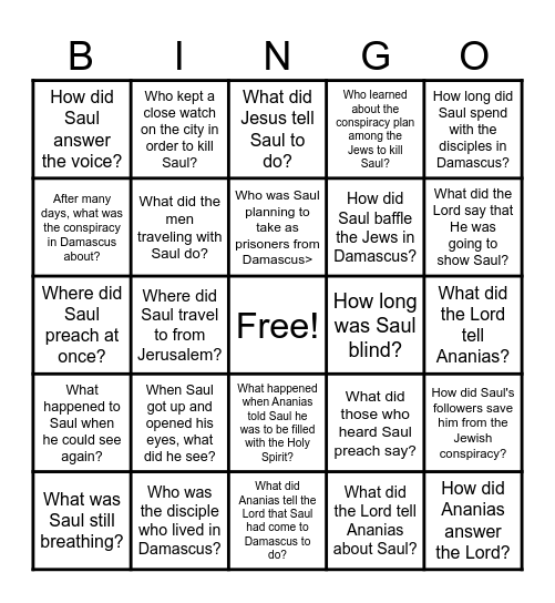 Bible Bingo Acts 9:1-25 Bingo Card