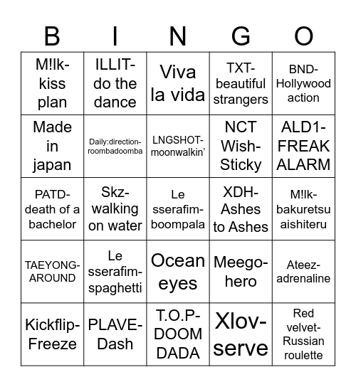 Kpop Bingo Card