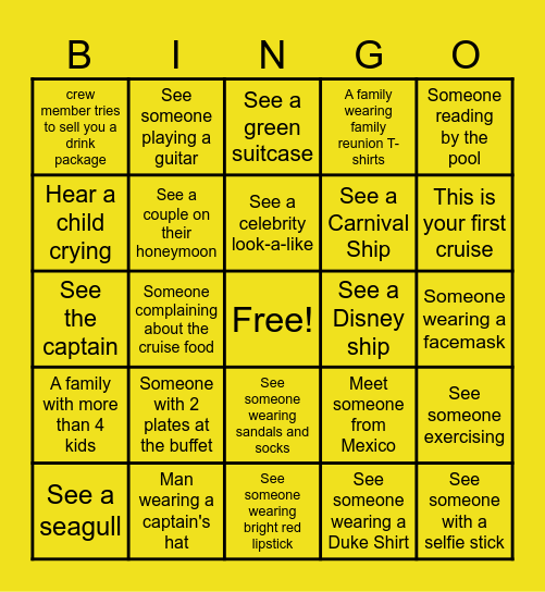 Cruise Bingo Card