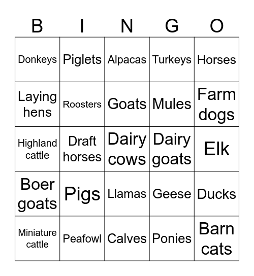 Farm Animals Bingo Card