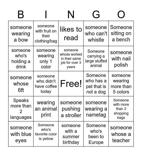 Mall Bingo Challenge Bingo Card