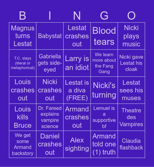Lestat S1E3 Bingo Card
