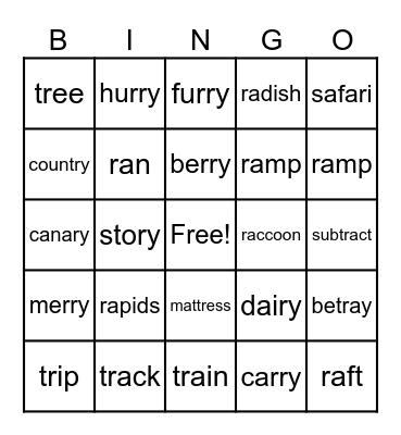 TARGET "R": Bingo Card